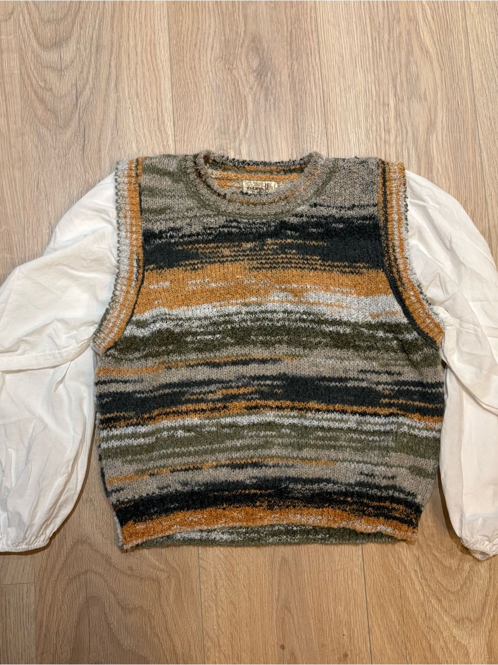 ONE WORLD Striped Knit V-Neck Sweater Vest in Olive, Mustard & Gray